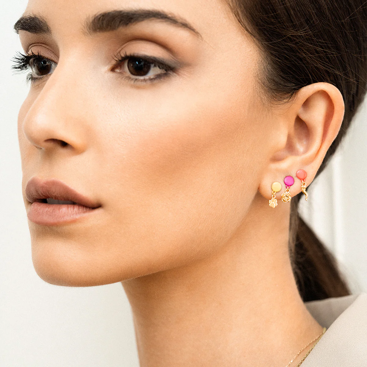Mono-orecchino Rosa bottone vernice - ORO18KT - Image 3